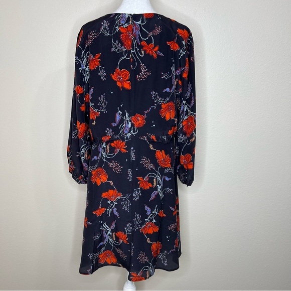 Madewell Navy Blue Windblown Poppies Floral Silk 3/4 Sleeve Ruffle Dress 14 NWT - Picture 8 of 14